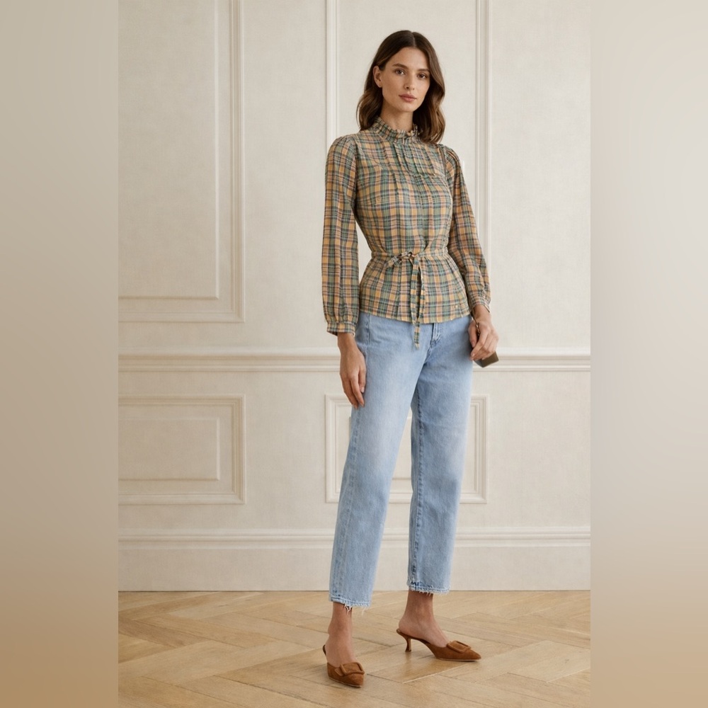 DÔEN Palmera Check Printed Waist Belted Pintucked Organic Cotton Voile Blouse - Picture 10 of 10